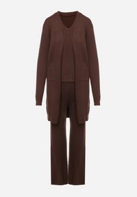 Born2be - Brązowy Komplet Dzianinowy z Bawełną Spodnie Kamizelka i Długi Kardigan Meviravia. Kolor: brązowy. Materiał: bawełna, dzianina #3