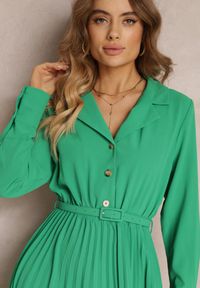 Renee - Zielona Koszulowa Sukienka z Paskiem i Plisowanym Dołem Walisa. Kolor: zielony. Materiał: materiał. Typ sukienki: koszulowe #4