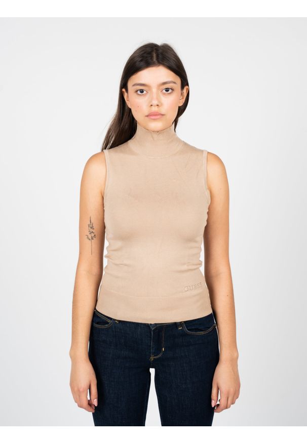 Guess Sweter | W2YR32Z2V62 | Kobieta | Beżowy. Typ kołnierza: golf. Kolor: beżowy. Materiał: poliamid, wiskoza. Długość rękawa: bez rękawów. Styl: elegancki