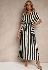 Renee - Czarna Pudełkowa Sukienka z Wiskozą z Motywem Pasków i Wiązaniem Lumierae. Okazja: na co dzień. Kolor: czarny. Materiał: wiskoza. Styl: elegancki, casual #5