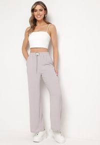 Born2be - Jasnoszare Spodnie Szerokie z Gumką w Pasie z Ozdobnym Łańcuszkiem Istaria. Okazja: na co dzień. Kolor: szary. Styl: casual #7