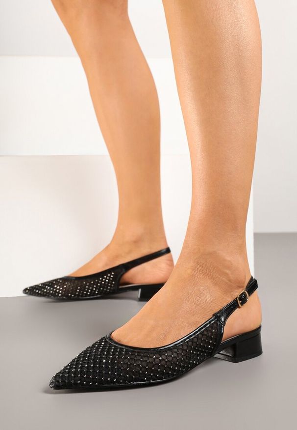 Born2be - Czarne Siateczkowe Sandały Slingback ze Skórzaną Wkładką Falwia. Okazja: na co dzień. Kolor: czarny. Materiał: skóra. Wzór: ażurowy, aplikacja. Obcas: na obcasie. Styl: elegancki, casual. Wysokość obcasa: średni