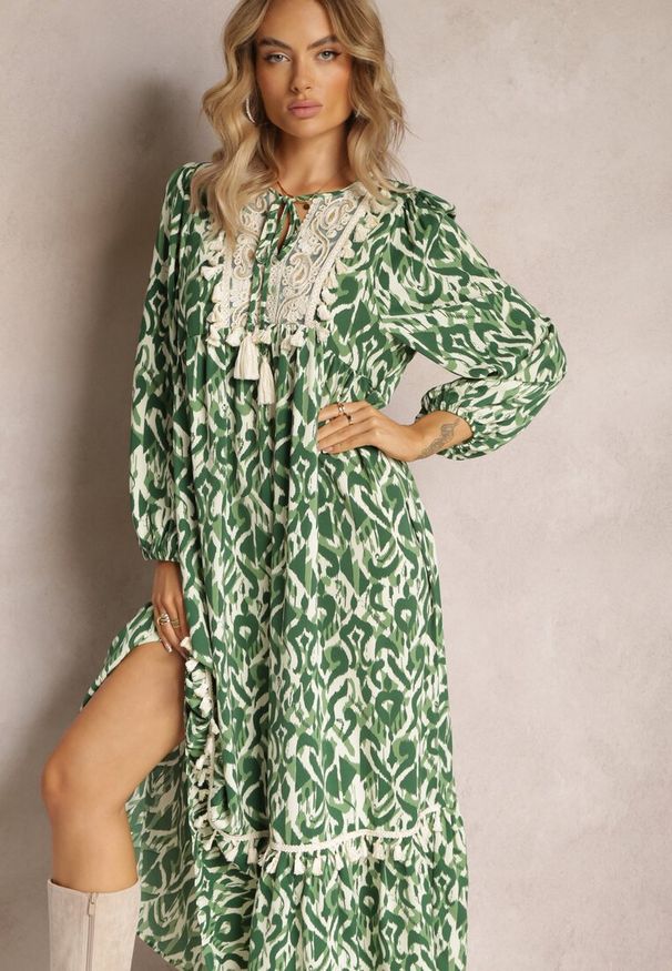 Renee - Zielona Sukienka Rozkloszowana Maxi z Falbanką Maruerilla. Kolor: zielony. Materiał: tkanina. Długość: maxi