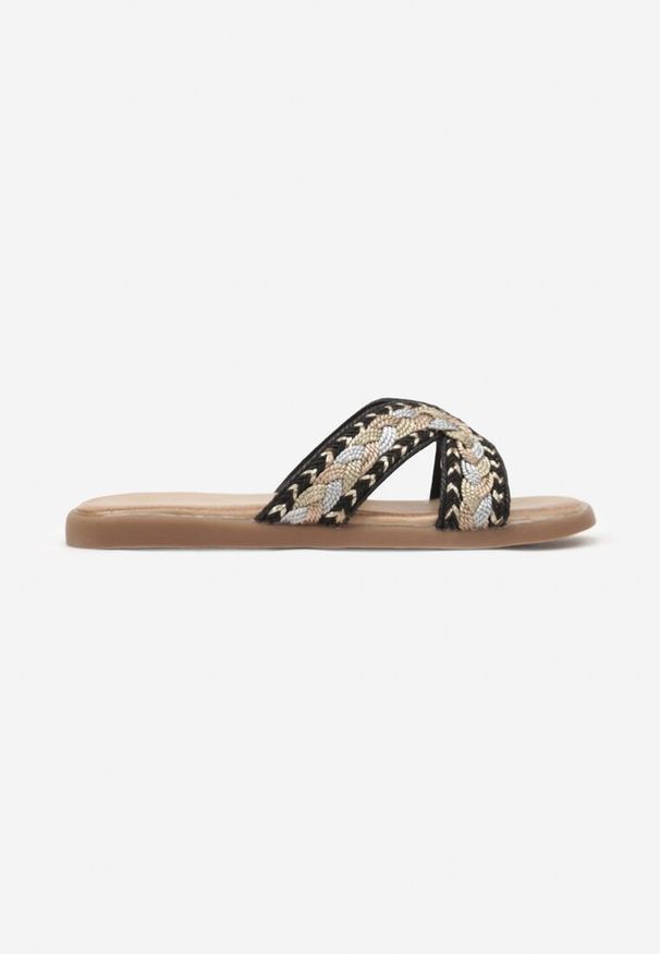 Renee - Czarno-Złote Klapki z Plecionym Motywem na Cholewce Xaccaria. Okazja: na co dzień, na spacer. Kolor: czarny. Sezon: lato. Obcas: na obcasie. Styl: boho, elegancki, casual. Wysokość obcasa: niski