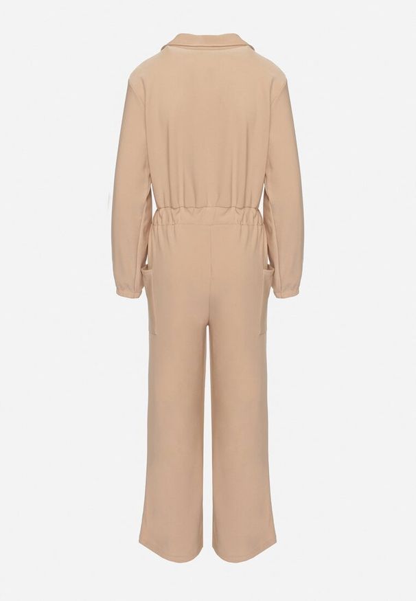 Born2be - Jasnobeżowy Kombinezon z Gumką i Wiązaniem w Talii z Szerokimi Nogawkami Creza. Okazja: na co dzień. Kolor: beżowy. Materiał: tkanina. Styl: casual
