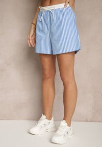 Renee - Niebieskie Szorty High Waist Ozdobione Sznurkami i Paskami Kinthea. Okazja: na co dzień. Stan: podwyższony. Kolor: niebieski. Wzór: aplikacja. Sezon: lato. Styl: sportowy, casual