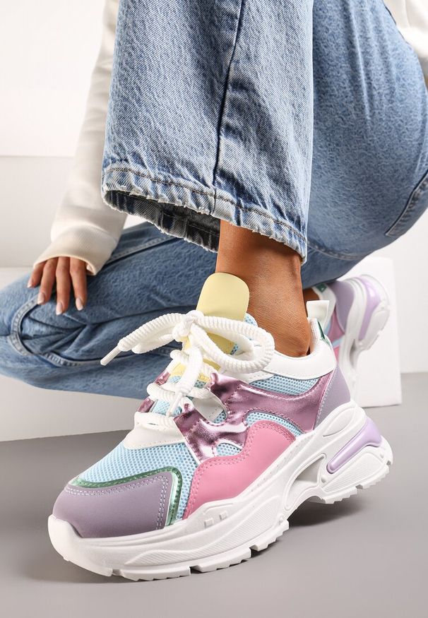 Born2be - Różowo-Fioletowe Sneakersy na Grubej Podeszwie z Ozdobnymi Sznurówkami Robella. Okazja: na co dzień. Kolor: różowy. Wzór: ze splotem