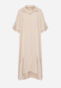 Born2be - Beżowa Sukienka Koszulowa z Ozdobną Falbanką Daviravie. Okazja: na co dzień. Kolor: beżowy. Typ sukienki: koszulowe. Styl: klasyczny, casual, elegancki #2