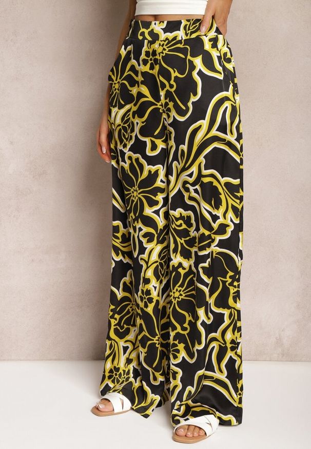 Renee - Czarno-Żółte Spodnie High Waist z Szerokimi Nogawkami Nulea. Stan: podwyższony. Kolor: czarny. Materiał: tkanina. Sezon: lato