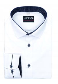 Modini - Biała koszula męska z granatowymi kontrastami w kropki Y01. Kolor: niebieski, wielokolorowy, biały. Materiał: poliester, bawełna, tkanina. Wzór: kropki #1