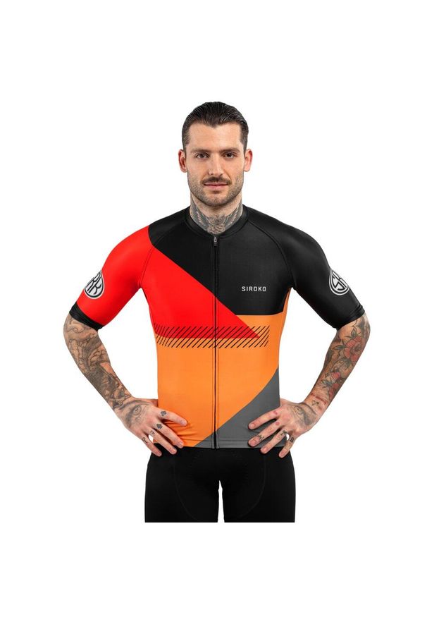 SIROKO - Męska koszulka rowerowa z krótkim rękawem Kolarstwo Siroko M2 California. Kolor: wielokolorowy, czarny, pomarańczowy. Długość rękawa: krótki rękaw. Długość: krótkie. Sport: kolarstwo