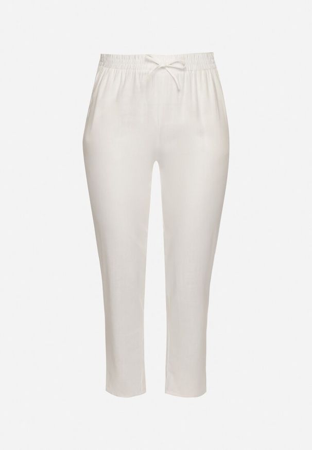 Born2be - Białe Spodnie z Lnem i Elastyczną Gumką w Pasie Nativena. Okazja: na co dzień. Kolekcja: plus size. Kolor: biały. Materiał: len. Styl: casual
