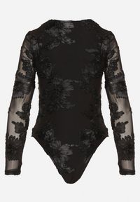 Born2be - Czarne Koronkowe Body Ozdobione Przezroczystymi Rękawami Estania. Okazja: na co dzień. Kolor: czarny. Materiał: koronka. Wzór: aplikacja. Styl: casual