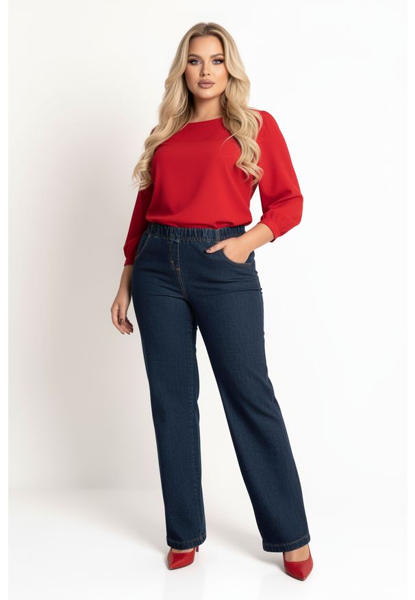Moda Size Plus Iwanek - Eleganckie granatowe spodnie Jeangaliny11 o kroju wide leg PLUS SIZE XXL OVERSIZE JESIEŃ. Okazja: do pracy, na co dzień. Stan: podwyższony. Kolekcja: plus size. Kolor: niebieski. Materiał: wiskoza, poliester, tkanina, bawełna. Sezon: jesień. Styl: elegancki