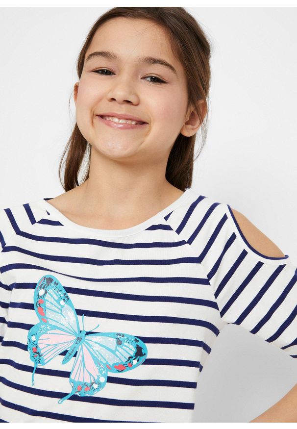 bonprix - T-shirt cold-shoulder z bawełny organicznej (2 szt.). Kolor: niebieski. Materiał: bawełna. Długość: długie. Wzór: kwiaty, nadruk, paski