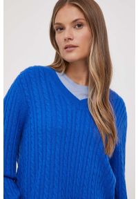 TOMMY HILFIGER - Tommy Hilfiger sweter wełniany damski kolor turkusowy lekki. Kolor: niebieski. Materiał: wełna. Długość rękawa: długi rękaw. Długość: długie. Wzór: ze splotem #4