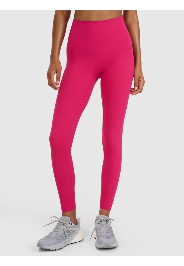 4f - 4F Legginsy treningowe szybkoschnące damskie - różowe L. Stan: podwyższony. Kolor: różowy. Materiał: dzianina, włókno, syntetyk, materiał, elastan. Długość: do kostek. Wzór: gładki, ze splotem. Sport: joga i pilates, fitness