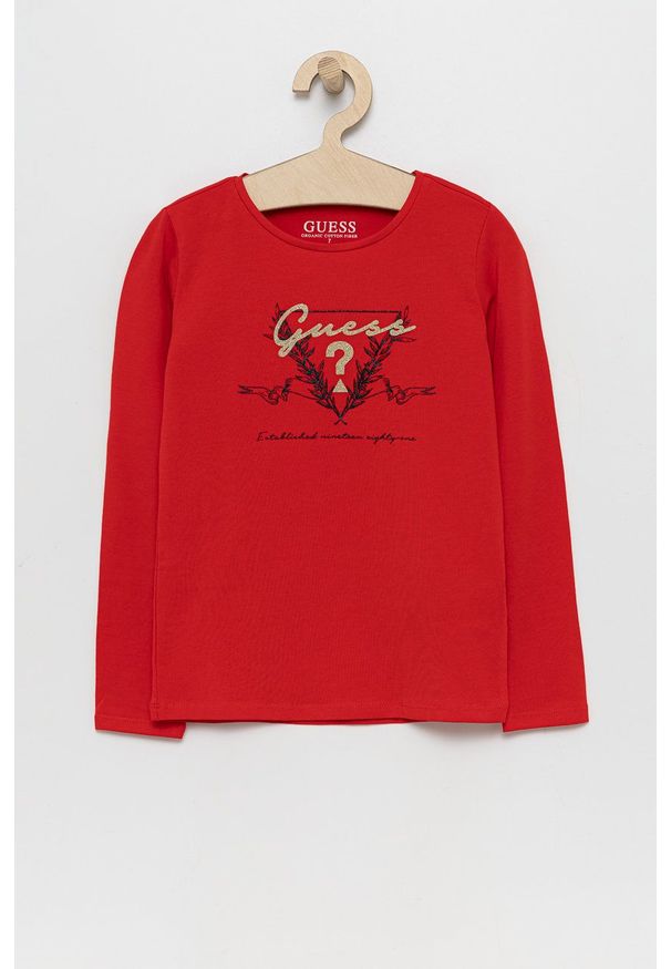 Guess Longsleeve dziecięcy kolor czerwony. Okazja: na co dzień. Kolor: czerwony. Materiał: dzianina, bawełna. Długość rękawa: długi rękaw. Długość: długie. Wzór: nadruk. Styl: casual
