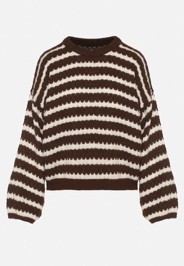 Born2be - Ciemnobrązowy Sweter Oversize z Wełną i Wiskozą o Luźnym Splocie w Paski Ternose. Okazja: na co dzień. Kolor: brązowy. Materiał: wełna, wiskoza. Wzór: paski, ze splotem. Styl: casual, klasyczny