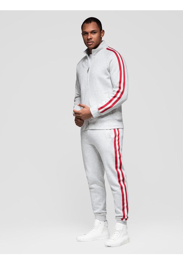 Ombre Clothing - Dresowy komplet set męski bluza rozpinana + spodnie dresowe joggery - szary melanż V1 - Rozmiar: XL. Okazja: na co dzień, do domu. Typ kołnierza: kołnierzyk stójkowy. Kolor: szary. Materiał: dresówka. Długość rękawa: raglanowy rękaw. Wzór: melanż. Styl: casual, sportowy