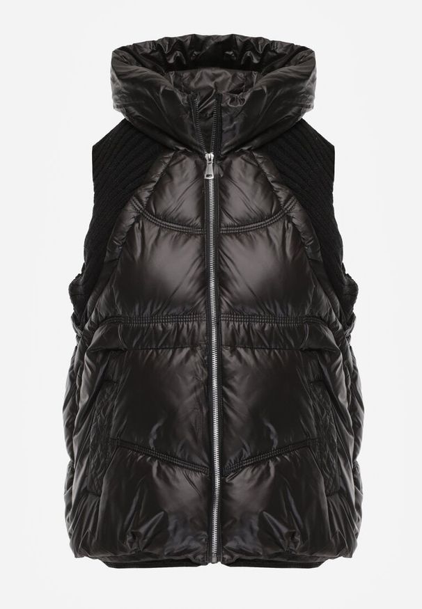 Renee - Czarna Kamizelka z Kapturem Wykończona Ściągaczami Timamar. Okazja: na co dzień. Typ kołnierza: kaptur. Kolor: czarny. Materiał: dzianina, jeans, dresówka. Styl: casual