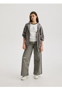 Reserved - Bluza z haftem - ciemnoszary. Kolor: szary. Materiał: dzianina, bawełna. Wzór: haft