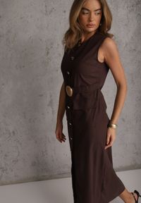 Renee - Brązowa Sukienka z Wiskozą i Lnem w Eleganckim Stylu z Paskiem z Ozdobą Coritia. Kolor: brązowy. Materiał: wiskoza, len. Długość rękawa: bez rękawów. Wzór: aplikacja. Sezon: lato. Typ sukienki: dopasowane. Styl: elegancki #7