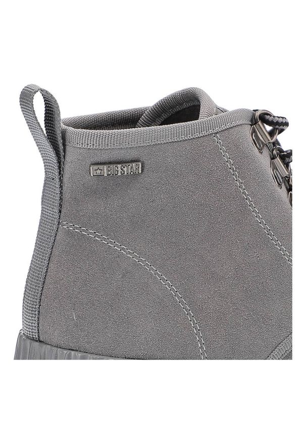 Big-Star - Botki damskie Big Star, zamszowa cholewka o miękkiej strukturze klasyczne sznurowanie z metalowymi oczkami gruba podeszwa, szare, II274365. Okazja: na co dzień. Zapięcie: sznurówki. Kolor: szary. Materiał: zamsz, materiał. Szerokość cholewki: normalna. Styl: klasyczny, sportowy