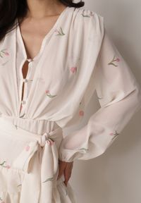 Born2be - Beżowy Szyfonowy Kombinezon z Falbanami i Wiązaniem w Pasie Rovenda. Okazja: na co dzień. Kolor: beżowy. Materiał: szyfon. Styl: casual, elegancki #4