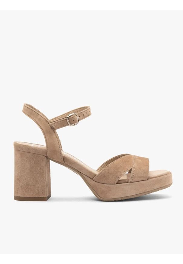 Ryłko - Beżowe sandały na klocku oraz balu. Kolor: beżowy. Materiał: skóra, welur. Obcas: na obcasie. Styl: street. Wysokość obcasa: średni