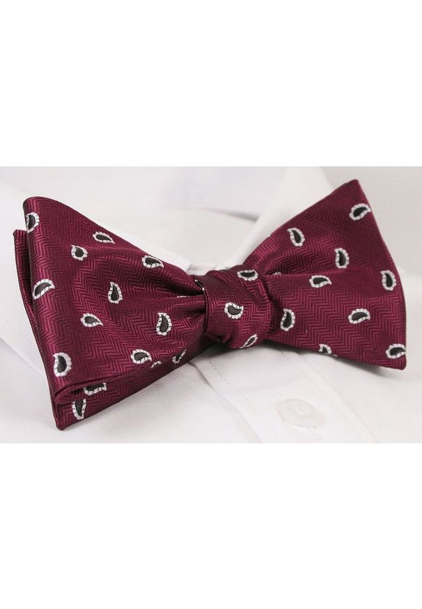 Ciemna Czerwona Elegancka Wiązana Mucha -EM Men's Accessories- Męska, Paisley, Łezki. Kolor: czerwony. Wzór: paisley. Styl: elegancki