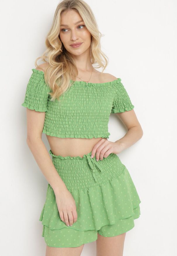 Born2be - Zielony Komplet Top w Stylu Hiszpanki i Spódnico-Szorty z Gumką Quillatta. Kolor: zielony. Wzór: aplikacja