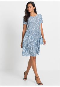 bonprix - Sukienka mini z lejącej wiskozy. Kolor: niebieski. Materiał: wiskoza. Wzór: nadruk, aplikacja. Sezon: lato. Długość: mini #3