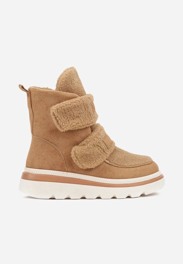 Renee - Brązowe Botki Typu Śniegowce na Platformie z Dwoma Ozdobnymi Rzepami Edarlia. Okazja: na co dzień. Zapięcie: rzepy. Kolor: brązowy. Materiał: jeans. Obcas: na platformie. Styl: elegancki, casual