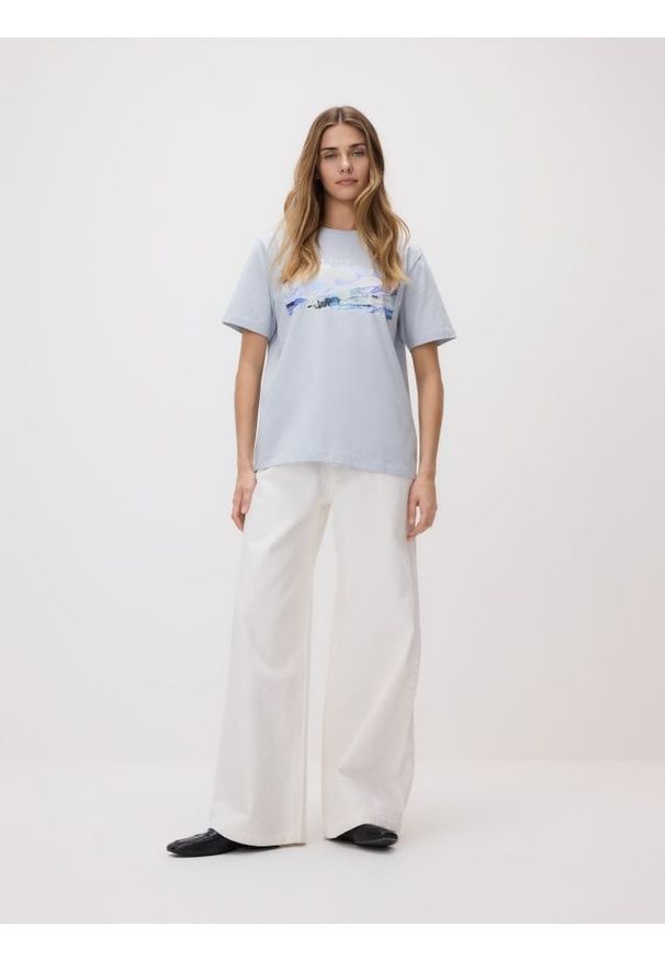 Reserved - T-shirt z nadrukiem - jasnoniebieski. Kolor: niebieski. Materiał: bawełna. Wzór: nadruk