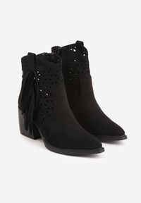 Renee - Czarne Ażurowe Botki Typu Kowbojki na Stożku Ozdobione Frędzlami Pentora. Kolor: czarny. Materiał: jeans. Wzór: aplikacja, ażurowy. Obcas: na stożku #8