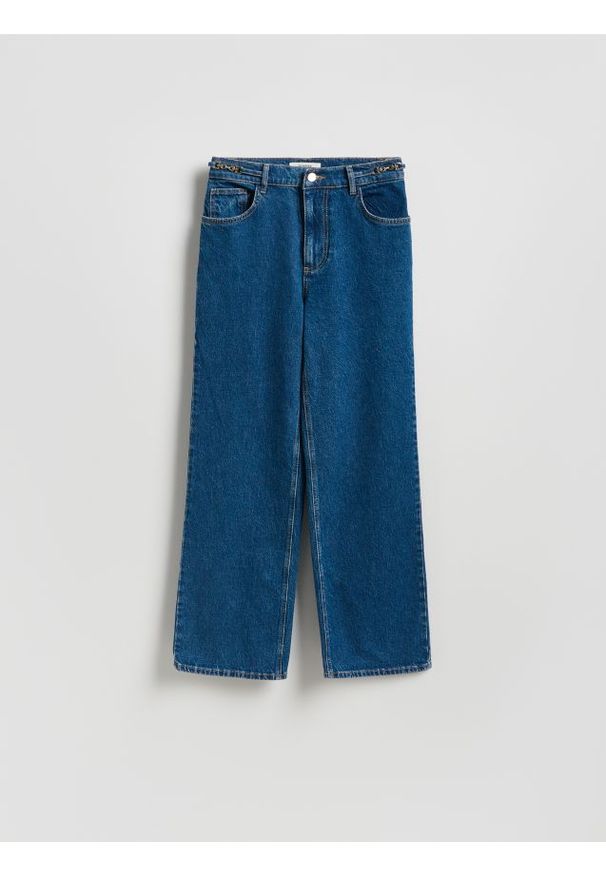 Reserved - Jeansy straight ze średnim stanem - granatowy. Kolor: niebieski