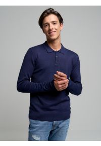 Big-Star - Sweter męski z kołnierzykiem polo granatowy Bradson 403. Typ kołnierza: polo. Kolor: niebieski. Materiał: tkanina, wiskoza, jeans, dresówka, len. Długość rękawa: długi rękaw. Długość: długie. Styl: klasyczny, elegancki #1