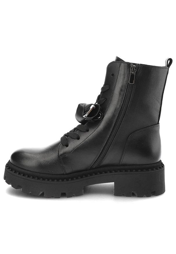 Czarne Botki Karino Skórzane Eleganckie Buty Damskie. Kolor: czarny. Materiał: skóra. Szerokość cholewki: normalna. Wzór: aplikacja. Styl: elegancki