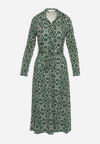 Born2be - Zielona Taliowana Sukienka Maxi z Materiałowym Paskiem w Geometryczny Print Filint. Kolor: zielony. Materiał: materiał. Wzór: nadruk, geometria. Długość: maxi