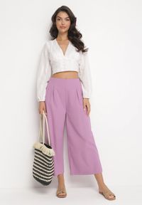 Born2be - Fioletowe Szerokie Spodnie Bawełniane Camprell. Kolor: fioletowy. Materiał: bawełna #2