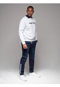 Ombre Clothing - Męskie jeansowe joggery z lampasami – ciemnoniebieskie V4. Okazja: na co dzień. Kolor: niebieski. Materiał: jeans. Styl: retro, sportowy, casual