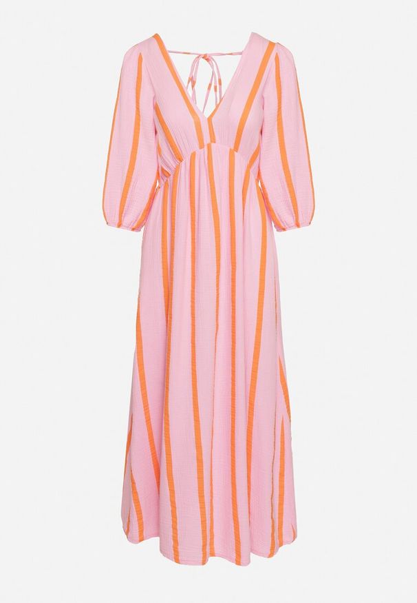 Born2be - Różowo-Pomarańczowa Taliowana Sukienka z Bawełny z Motywem Pasków Rivettes. Okazja: do pracy, na co dzień. Typ kołnierza: dekolt w kształcie V. Kolor: różowy. Materiał: bawełna. Wzór: aplikacja. Typ sukienki: proste. Styl: elegancki, casual, klasyczny