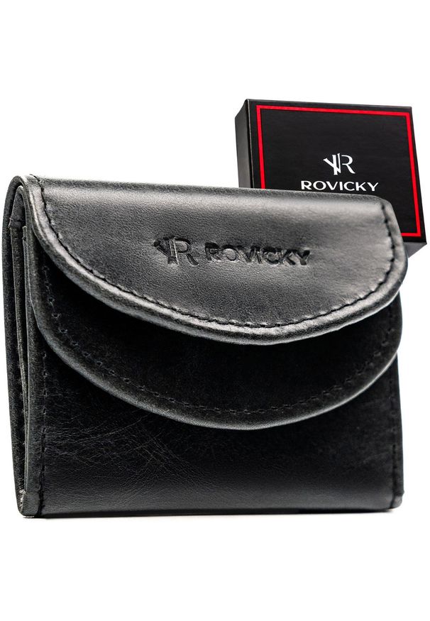 ROVICKY - Mały, skórzany portfel męski w czarnym kolorze zamykany zatrzaskiem - Rovicky. Kolor: czarny. Materiał: skóra