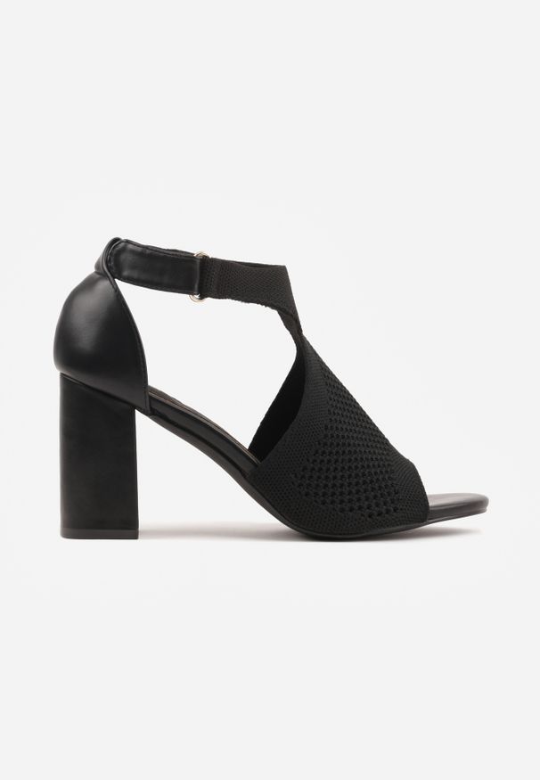 Renee - Czarne Sandały Soft Fit VICES na Obcasie w Stylu Botków z Elastyczną Ażurową Cholewką Comfort Omphopis. Zapięcie: rzepy. Kolor: czarny. Materiał: jeans, materiał. Wzór: ażurowy. Obcas: na obcasie. Wysokość obcasa: średni