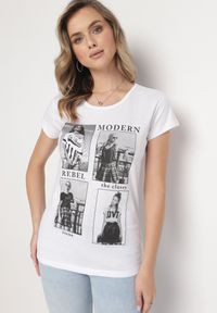 Born2be - Biały Bawełniany T-shirt z Nadrukiem i Brokatem Kruita. Kolor: biały. Materiał: bawełna. Długość rękawa: krótki rękaw. Długość: krótkie. Wzór: nadruk #5