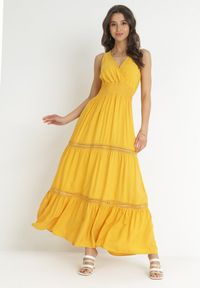 Born2be - Żółta Sukienka Rhenemisa. Kolor: żółty. Materiał: koronka. Długość rękawa: na ramiączkach. Typ sukienki: kopertowe. Długość: maxi #1