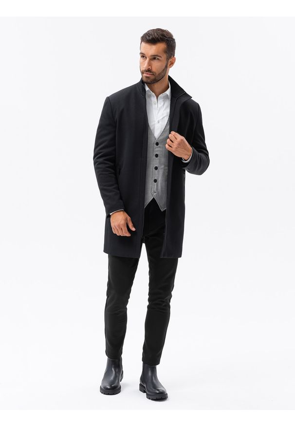 Ombre Clothing - Płaszcz męski jesienny C430 - czarny - XXL. Okazja: na co dzień. Typ kołnierza: kołnierzyk stójkowy. Kolor: czarny. Materiał: tkanina, poliester. Sezon: jesień. Styl: casual
