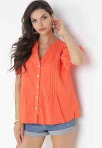 Born2be - Pomarańczowa Koszula Bawełniana z Krótkim i Bufiastym Rękawem Miria. Kolor: pomarańczowy. Materiał: bawełna. Długość: krótkie. Wzór: aplikacja #4
