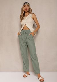Renee - Zielone Spodnie High Waist ze Ściągaczem w Talii i Prostą Nogawką Savonne. Okazja: na co dzień. Stan: podwyższony. Kolor: zielony. Styl: casual, elegancki